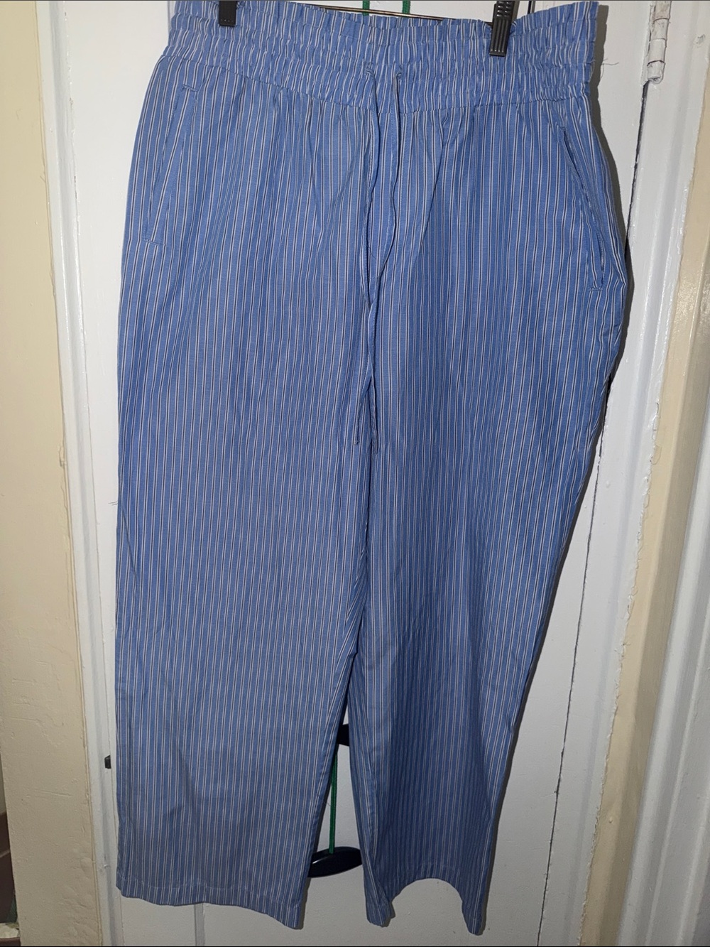 Women Blue Pinstripe Elastic-Waist Dress Pants